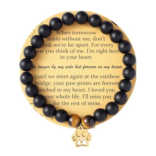 VZBarn Memorial Gifts for Loss of Pet’s Mom Pet Keepsake Dog Cat Paw Charm Natural Stone Bracelet Remembrance Gift for Women - color: Black Golden