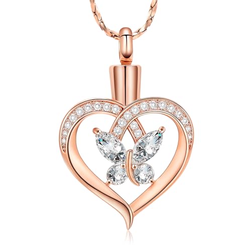 Imrsanl Butterfly Heart Pendant Cremation Urn Necklace for Women - color: Rose Gold-White