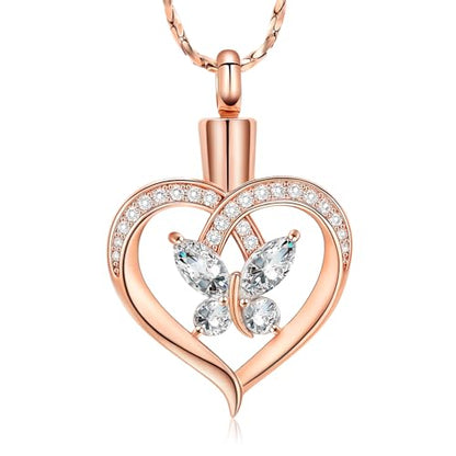 Imrsanl Butterfly Heart Pendant Cremation Urn Necklace for Women - color: Rose Gold-White