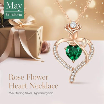 925 Sterling Silver Rose Love Heart Birthstone Necklaces for Women Jewelry | Hypoallergenic Nickel-Free & Lead-Free Pendant,Birthday Anniversary Christmas Gift for Women Wife Mom Girlfriend - color: Rose Gold-05-May