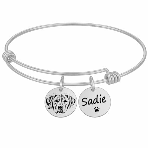 Pet Portrait Bracelet Personalized – Dog or Cat Face Charm Bangle Bracelet with Photo & Name Engraving, Pet Memorial Jewelry for Dog Mom, Animal Lovers – Mother’s Day, Birthday, Christmas - color: Silver