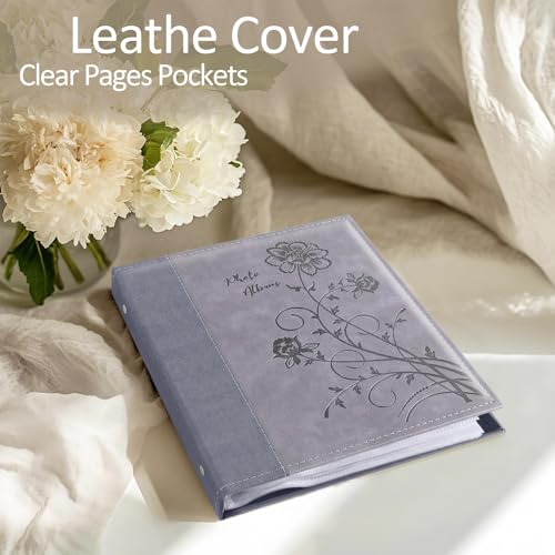 Photo Album 8x10 Clear Pages Pockets Leathe Cover Slip Slide in Photo Album Holds 50 Vertical 8x10 Photos Picture Book for Wedding Family (Grey) - color: Grey, size: 50 Pockets/1PK