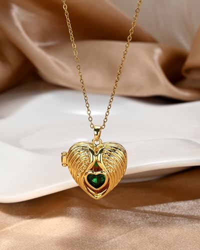 14K Gold Plated Heart Locket Memorial Adjustable Necklace Chain Pendant Emerald Cubic Zirconia Thin Necklace for Women