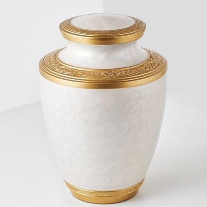 AspenStudio White Gold Brass Urn Cremation for Adult Human Ashes - Large Size Capable to 200 lbs