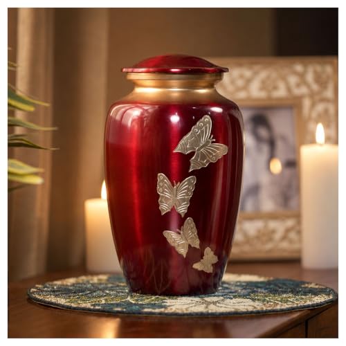 Cremation Urn for Human Ashes Adult Male/Female, 200 Cubic Inch Funeral Urn with Secure Screw-Top Lid, Decorative Metal Burial Urn, Butterfly Design, Crimson Red Gold, Velvet Bag Included - color: Crimson Red Gold, size: Butterfly 10 x 6.5