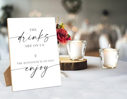 The Drinks Are On Us - Wedding Signs for Reception, 8×11" Minimalist Wooden Table Sign With Stand Wedding Bar Sign for Bridal Shower, Engagement, Wedding Shower Decorations, 02 - style: The Drinks Are On Us 02