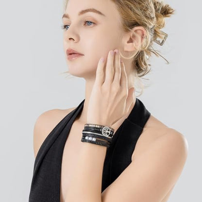 Tree of Life Inspirational Leather Wrap Bracelets Boho Western Cowgirl Cuff - color: Black