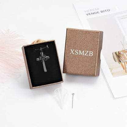 XSMZB Rose Flower Cross Cremation Jewelry for Ashes Human Pet Funeral Urn Pendant Cross Keepsake Ashes Necklace Memorial Gift - color: Black