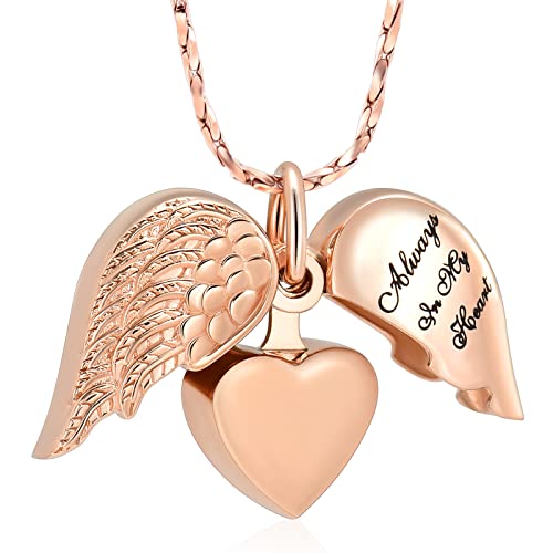 Imrsanl Cremation Jewelry for Ashes Heart Urn Necklace Pendants Ashes for Women Men Family Keepsake Memorial Angel Wing with Charm Heart for Loved Ones - color: Rose Gold