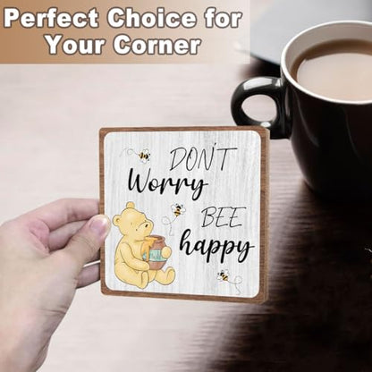 Inspirational Winnie Gifts for Women Men, Motivational Quotes Tabletop Sign | Winnie Decor for Friend Bestie Coworker, Positive Wooden Plaque with Iron Stand for Office Bedroom Living Room Home Shelf - style: Bee happy