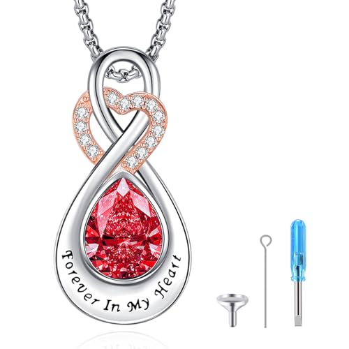 Infinity Urn Necklace for Ashes Sterling Silver Heart Moonstone Turquoise Birthstone Keepsake Memorial Cremation Jewelry for Women - style: Infinity A-07-Jul.-Ruby