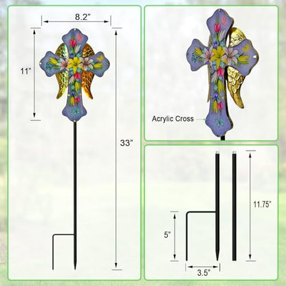 Solar Cross Garden Stake Lights,Metal Angel Wing & Acrylic Flowers Cross Solar Christmas Lights Outdoor,Waterproof Memorial Garden Decor for Cemetery,Grave,and Remembrance Gifts