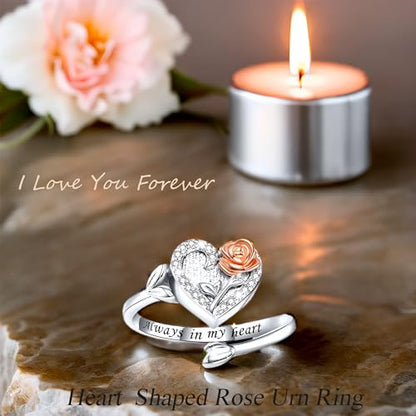 925 Sterling Silver Heart Urn Ring for Ashes for Women - Cremation Jewelry Keepsake Thumb Rings Adjustable with Rose/Sunflower Gift for Lost Of Love Ones Human Adult Pet - style: Heart Rose