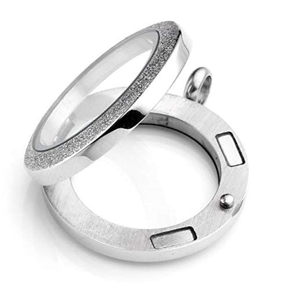 Zysta Silver Round Locket Pendant Necklace 30mm Glossy Stainless Steel Clear Glass Living Memory Floating Charms Stone Storage - color: Silver-Glitter Matte-25mm