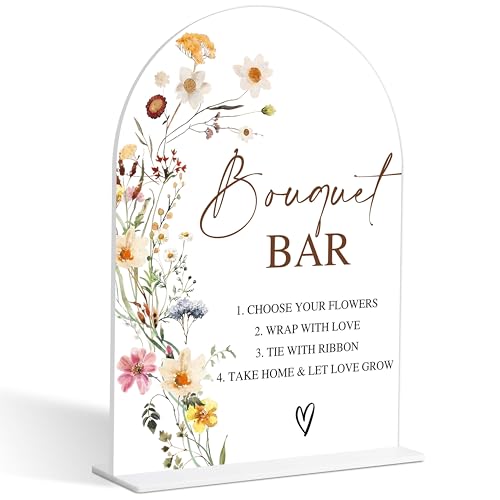 Bouquet Bar Sign, Flower Style Bridal Shower Sign for Wedding, Engagement, Bridal Shower and Reception, Bridal Shower Decorations, Wedding Shower Favors, 6X8 Inch Acrylic Arch Sign with Stand,5 - color: Bouquet Bar,5