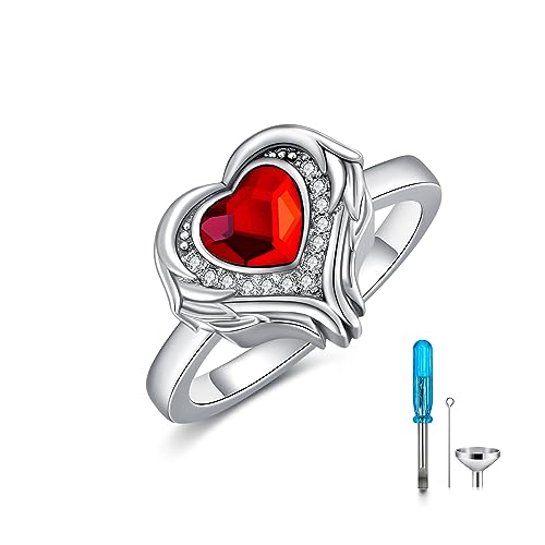 AOBOCO 925 Sterling Silver Angel Wings Heart Cremation Ring Holds Loved Ones Ashes, Heart Urn Ring for Ashes for Women, Memorial Keepsake Ring Embellished with Crystals from Austria - color: Red