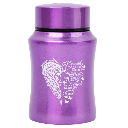 4.5 Inches Small Keepsake Urn for Human Ashes - Heart Wing Pattern Memorial Container - Stainless Steel Mini Cremation Urn - size: Wing-Purple