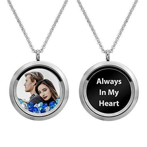 Personalized Color Photo Laser Engraved Text Message Floating Locket Crystals Pendant Necklace Handmade f/Birthday Anniversary Christmas Valentine Day Gift - color: Blue - Color Photo Printing + Message Engraving