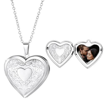 Gold Locket Necklace for Women, Vinatge Heart Oval Butterfly Angel Engraved Pendant that Holds Picture Photo Locket Memorial Necklace Personalized Jewelry Birthday Gifts - color: Heart/Silver