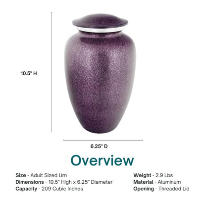 Plum Mist Cremation Urn for Ashes, Aluminum, Purple Urn, Adult Sized Cremation Urn, 10.5 Inches High - color: Plum Mist
