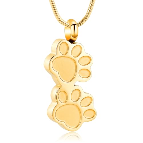 Pet Urns For Dogs/Cats - Pet Ashes Necklace - Paw Print Urn Necklace with Mini Keepsake Urn Memorial Ash Jewelry - color: Gold