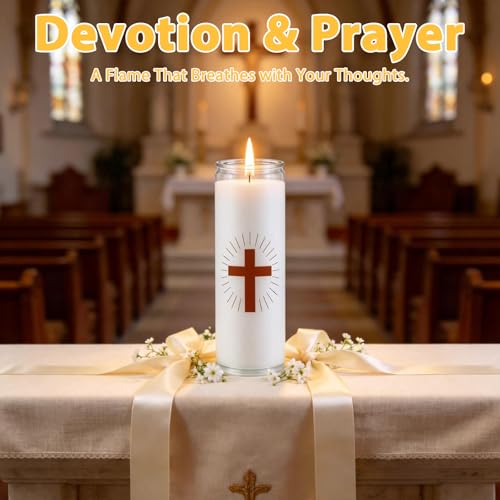 White Prayer Candles, Devotional Prayer Candle in Glass Jars, Long‑Burning Smokeless Cross Catholic Candles for Church, Altar Vigil & Memorials - size: 1