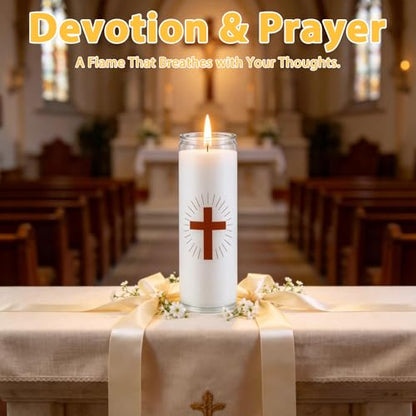 White Prayer Candles, Devotional Prayer Candle in Glass Jars, Long‑Burning Smokeless Cross Catholic Candles for Church, Altar Vigil & Memorials - size: 1