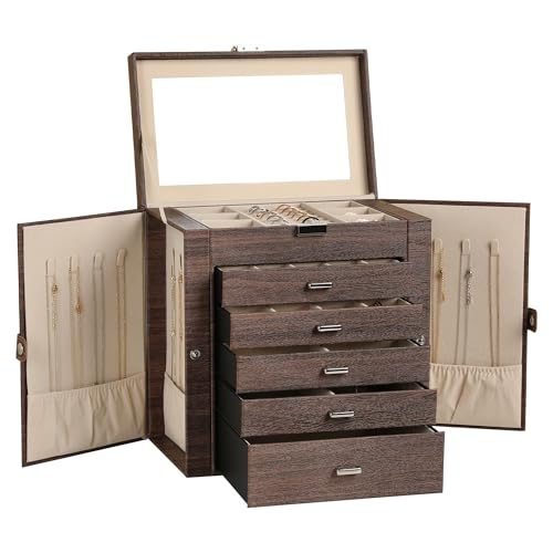 6-Layer Jewelry Box for Women,Large Jewelry Organizer with Drawer | Faux Leather,Built-in Mirror,Spacious Jewelry Storage,16 Necklace Hooks,Organizing by Category for Rings Earrings Bracelet - color: Tree Brown, size: Large