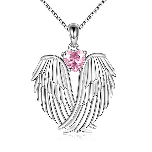 YFN Angel Wings Necklace 925 Sterling Silver Guardian Angel Wings Pendant Necklace Birthstone Necklace for Women Girls Christmas Jewelry Gifts - color: October-Pink