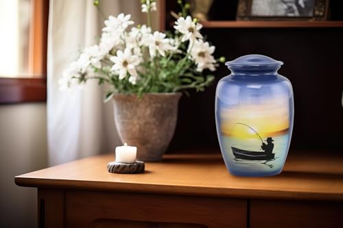 Fishing Urn - Full Size Gone Fishing Cremation Urn - Adult Urns for Men and Women – Fisherman Funeral and Memorial Urns for Human Ashes Upto 210 Lbs with Velvet Bag (Large)