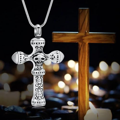 Skull Cross Cremation Jewelry Retro Skull Urn Necklaces for Ashe Stainless Steel Memorial locket Keepsakes Jewelry Human Ash Pendant Jewelry for Men Women - color: Silver