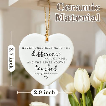 Never Underestimate The Difference You’ve Made, and The Lives You’ve Touched - Appreciation Gifts, Retirement Gifts for Women, Men, Coworker, Boss, Employee, Teacher, Nurse | Heart Christmas Ornament - color: Happy Retirement-a