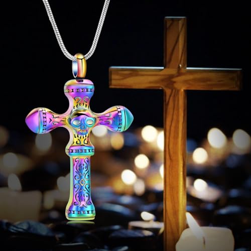 Skull Cross Cremation Jewelry Retro Skull Urn Necklaces for Ashe Stainless Steel Memorial locket Keepsakes Jewelry Human Ash Pendant Jewelry for Men Women - color: Rainbow