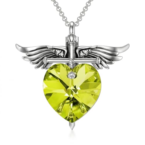 SOULMEET Memorial Wings Necklace for Ashes with Large Heart Crystal Birthstone, Angel Wings Urn Necklaces with Heart Shaped Birthstone Keepsake Silver Cremation Jewelry - style: H-August