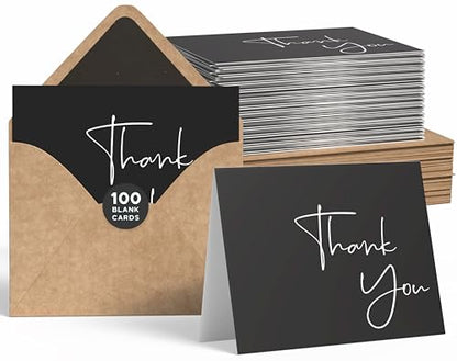 VNS Creations Thank You Cards With Envelopes - 100 Pack 4 x 6 Blank - Black | Thick 30 GSM, Thank You Notes Bulk Box Set & Stickers, Large Note Card Small Business, Wedding, Baby Shower & Bridal Shower - color: Black, size: 100 Pack - 4" x 6" (Value Pack)