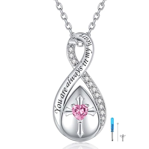 ZOEXUE Infinity Cross Cremation Jewelry - S925 Sterling Silver Cross Urn Necklace for Women - Birthstone Cross with Heart CZ Ashes Keepsake Pendant Memorial Urn Jewelry Gift for A Loss Loved Ones - color: pink
