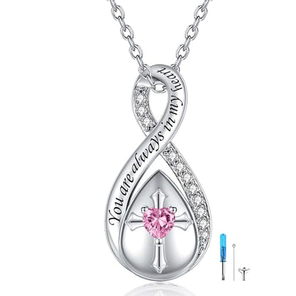 ZOEXUE Infinity Cross Cremation Jewelry - S925 Sterling Silver Cross Urn Necklace for Women - Birthstone Cross with Heart CZ Ashes Keepsake Pendant Memorial Urn Jewelry Gift for A Loss Loved Ones - color: pink