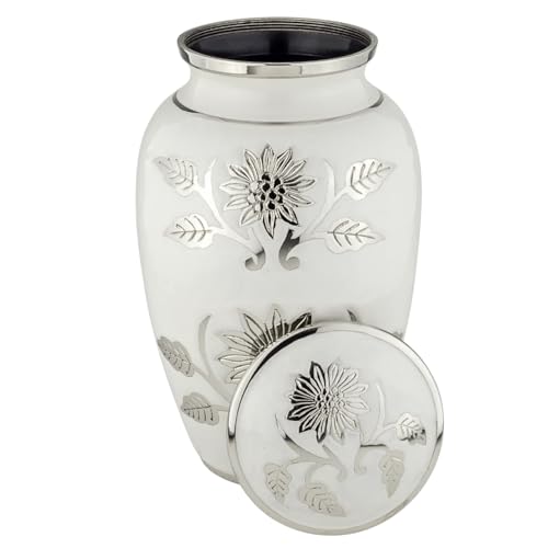 Grace White Cremation Urn for Ashes, Brass, White and Silver Urn, Adult Sized Cremation Urn, 10.25 Inches High - color: White
