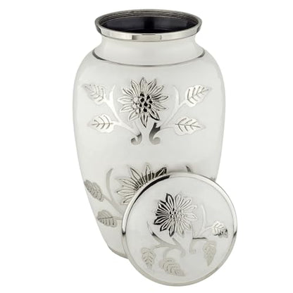 Grace White Cremation Urn for Ashes, Brass, White and Silver Urn, Adult Sized Cremation Urn, 10.25 Inches High - color: White