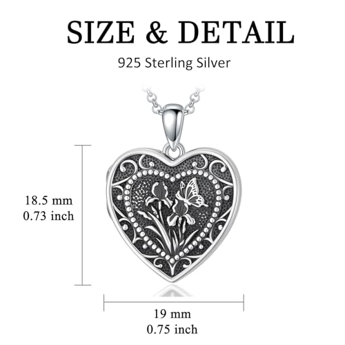 PELOVNY Birth Flower Locket Necklace for Women 925 Sterling Silver Flower Butterfly Heart Photo Locket Pendant Birthday Christmas Jewelry Gifts for Mom Daughter Wife Sister - color: 02-Iris