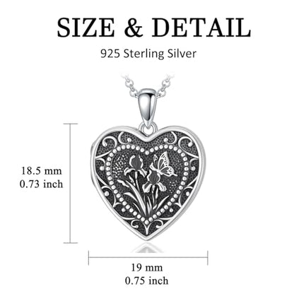 PELOVNY Birth Flower Locket Necklace for Women 925 Sterling Silver Flower Butterfly Heart Photo Locket Pendant Birthday Christmas Jewelry Gifts for Mom Daughter Wife Sister - color: 02-Iris