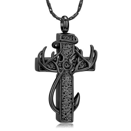 Imrsanl Cross Urn Necklace for Ashes for Women Men | Cremation Jewelry, Fish Hook Deer Antler Design Memorial Pendant, Human Pets Ashes Holder Keepsake - color: Black