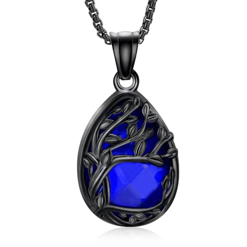 Cremation Jewelry Tree of Life Teardrop Urn Necklace for Ashes for Women Men Vial Pendant Ashes Keepsake Memorial Jewelry for Loved One - color: Black-Blue