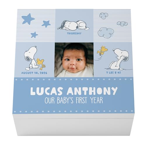 Let's Make Memories Personalized Keepsake Box - Memory Storage - Newborn New Baby Gift - Shower Present - PEANUTS - Snoopy and Woodstock - Add Photo, Name, and Text - Snoopy Baby Love - Blue - color: Snoopy Baby Love - Blue