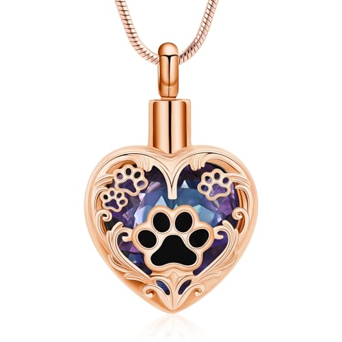 Heart Urn Necklace For Ashes Birthstone Pet Memorial Jewelry Dog Paw Print Cremation Pendant Stainless Steel Keepsake Gift For Pet Lovers - color: Rosegold purple