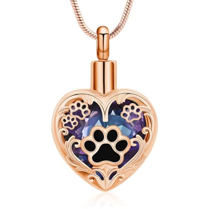 Heart Urn Necklace For Ashes Birthstone Pet Memorial Jewelry Dog Paw Print Cremation Pendant Stainless Steel Keepsake Gift For Pet Lovers - color: Rosegold purple