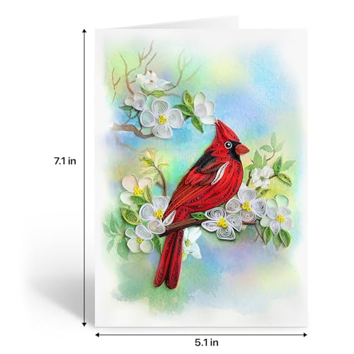 KingKraft Quilling Card- Handcrafted Greeting Card for All Occasions, Cardinal and Dogwood Card for Birthday, Anniversary, Thinking of You, Get Well, Valentines Day, Mothers Day Card, Blank Inside - color: Cardinal