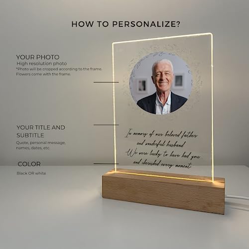 MIRROR MANIA Custom Personalized Photo LED Wood Stand Night Light Up Table Lamp in Loving Memory Loved R.I.P Remembrance Loss Sympathy Bereavement Memorial Table Sign Gift