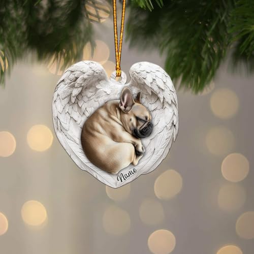 Sleeping Dog French Bulldog Memorial Ornaments with Custom Name, Forever in Our Hearts Ornament, Dog French Bulldog Angel Wings Ornament, Personalized Sympathy Gift for Loss of Pet