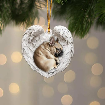 Sleeping Dog French Bulldog Memorial Ornaments with Custom Name, Forever in Our Hearts Ornament, Dog French Bulldog Angel Wings Ornament, Personalized Sympathy Gift for Loss of Pet